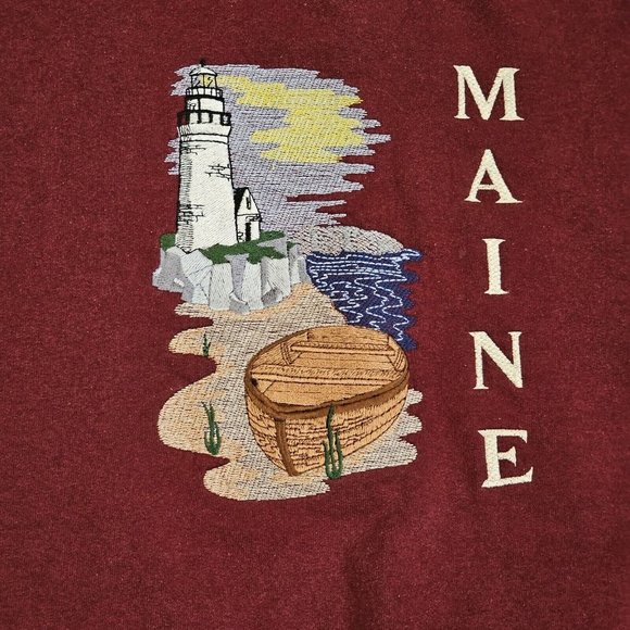 Vintage 90s Maine Large Embroidered‎ Crewneck Sweatshirt Maroon Lighthouse Beach - Picture 2 of 10
